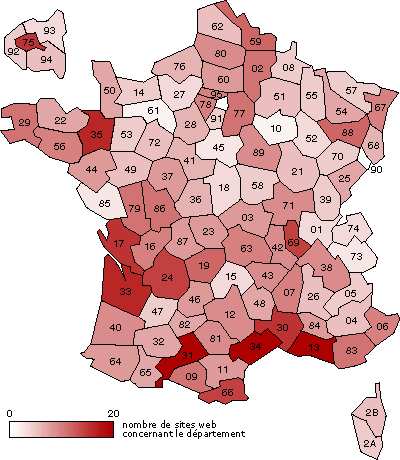 Carte des sites archéologiques en France, par département.